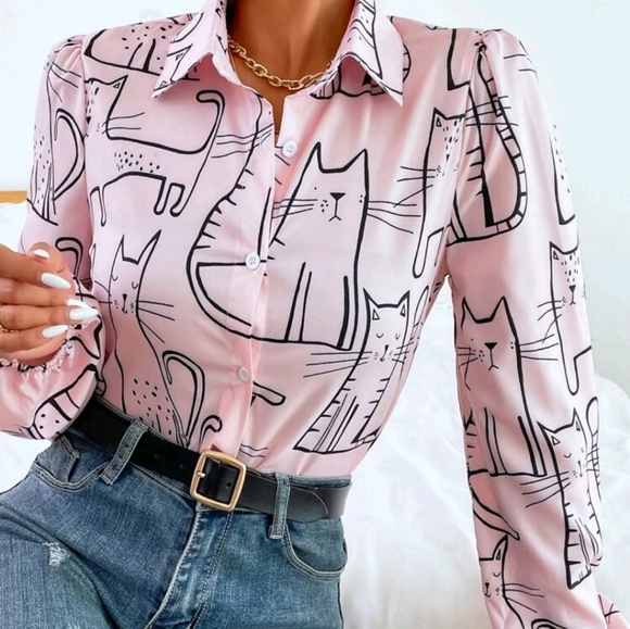 Tops - Cat Print Button Front Blouse